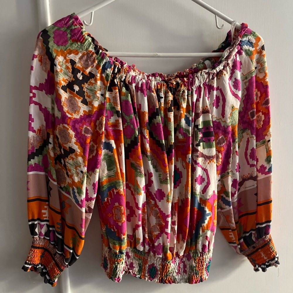 Christian Siriano NY Floral Print Crop Peasant Top in Pink and Orange